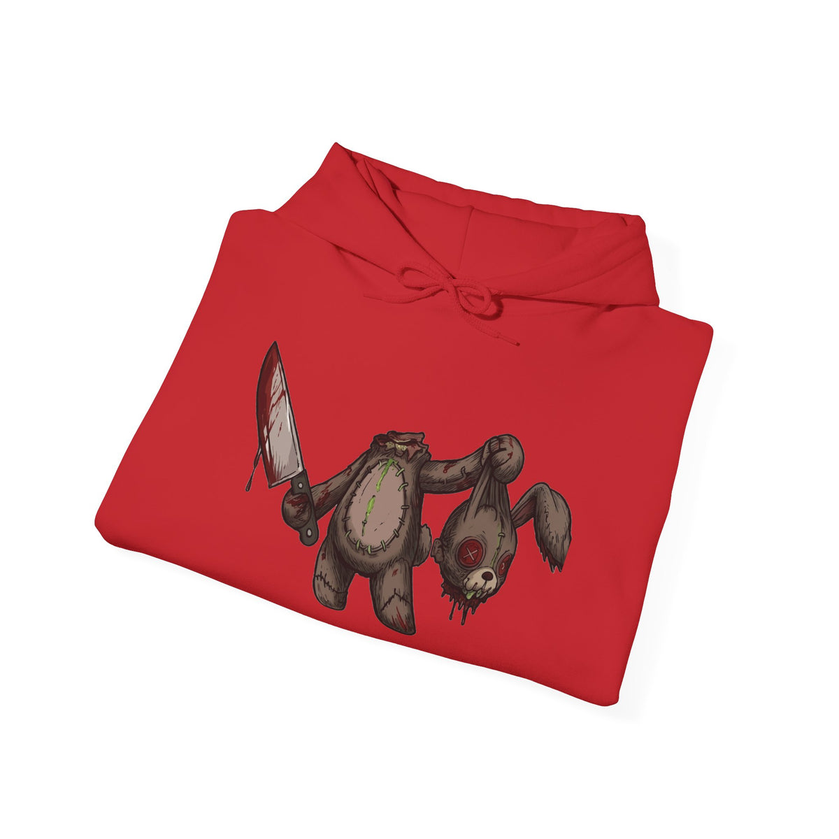 Horror Teddy Hoodie — Bloody Knife Plush Graphic Hooded Sweatshirt