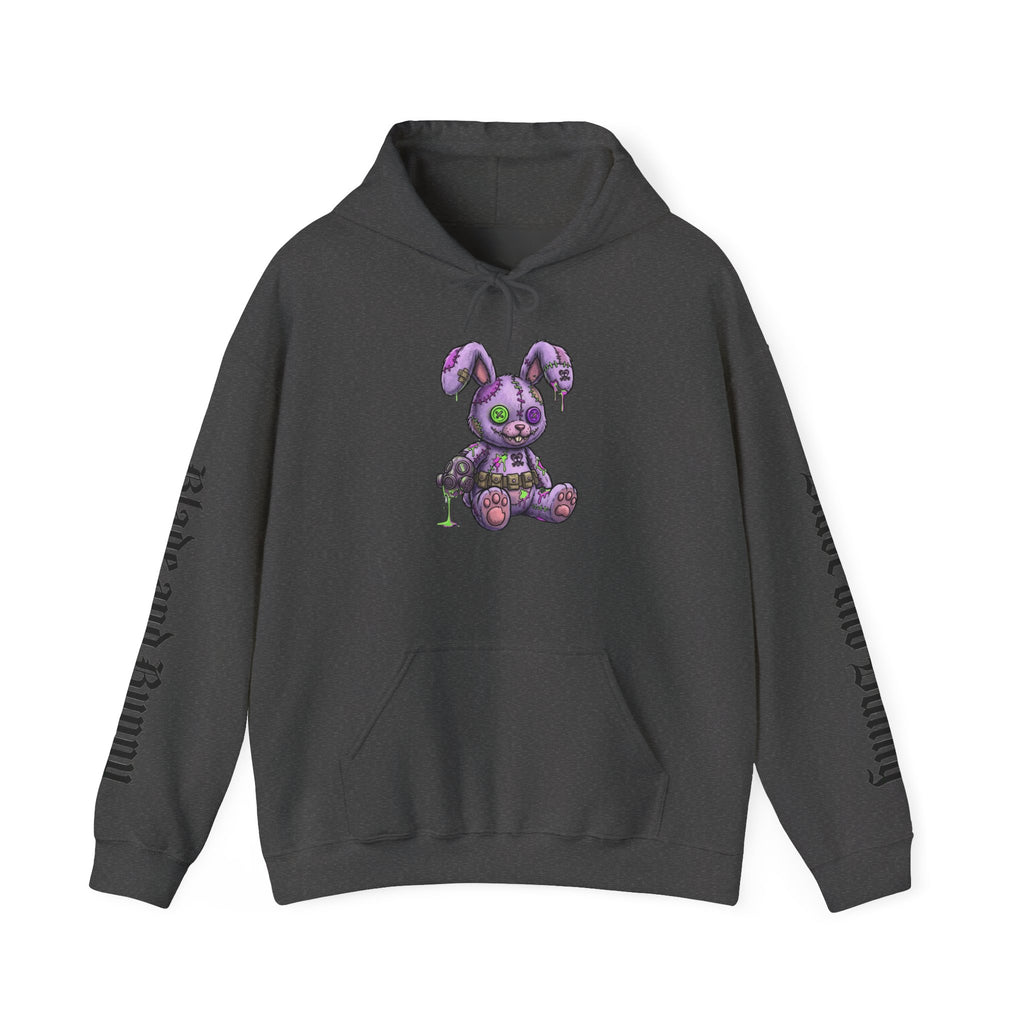 Blade and Bunny Hoodie — Gothic Purple Stitched Bunny Graphic Sweatshirt