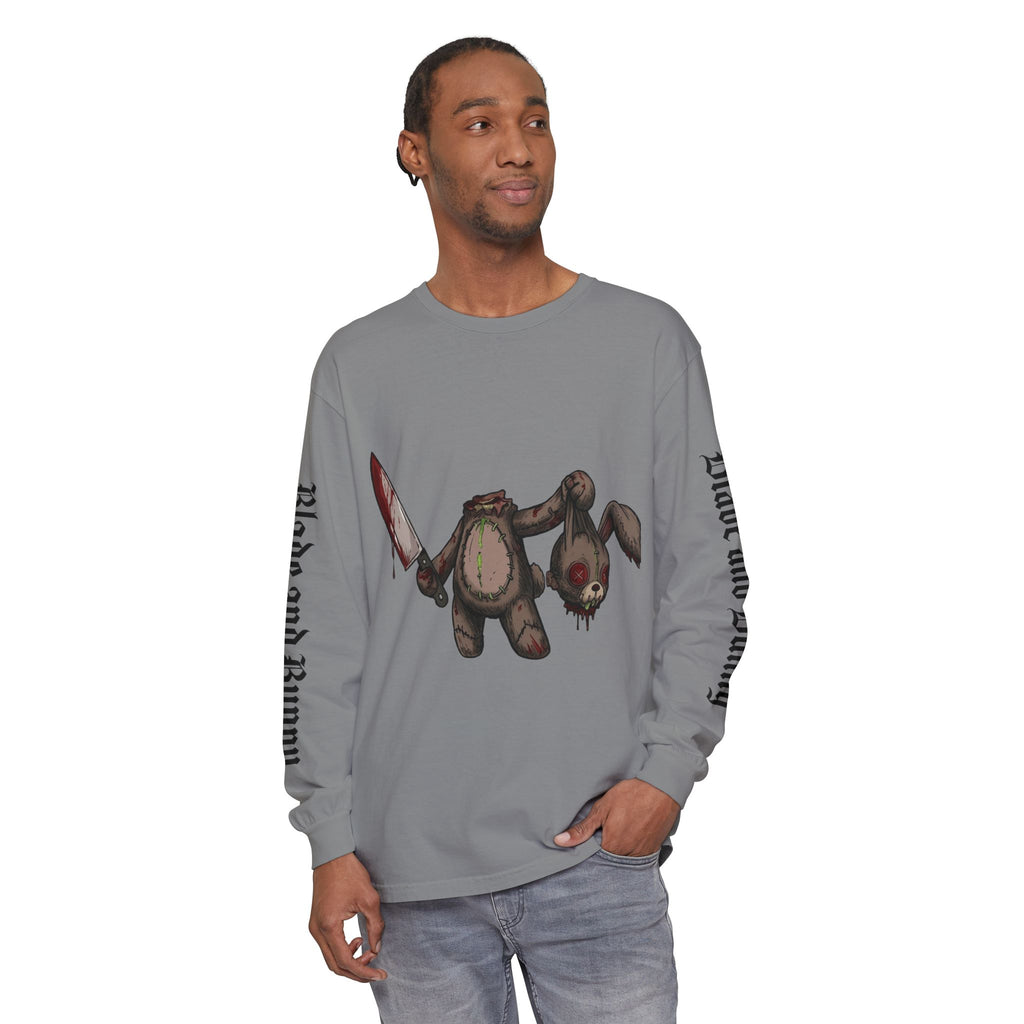 Blade and Bunny Long Sleeve Tee — Distressed Horror Bunny Graphic