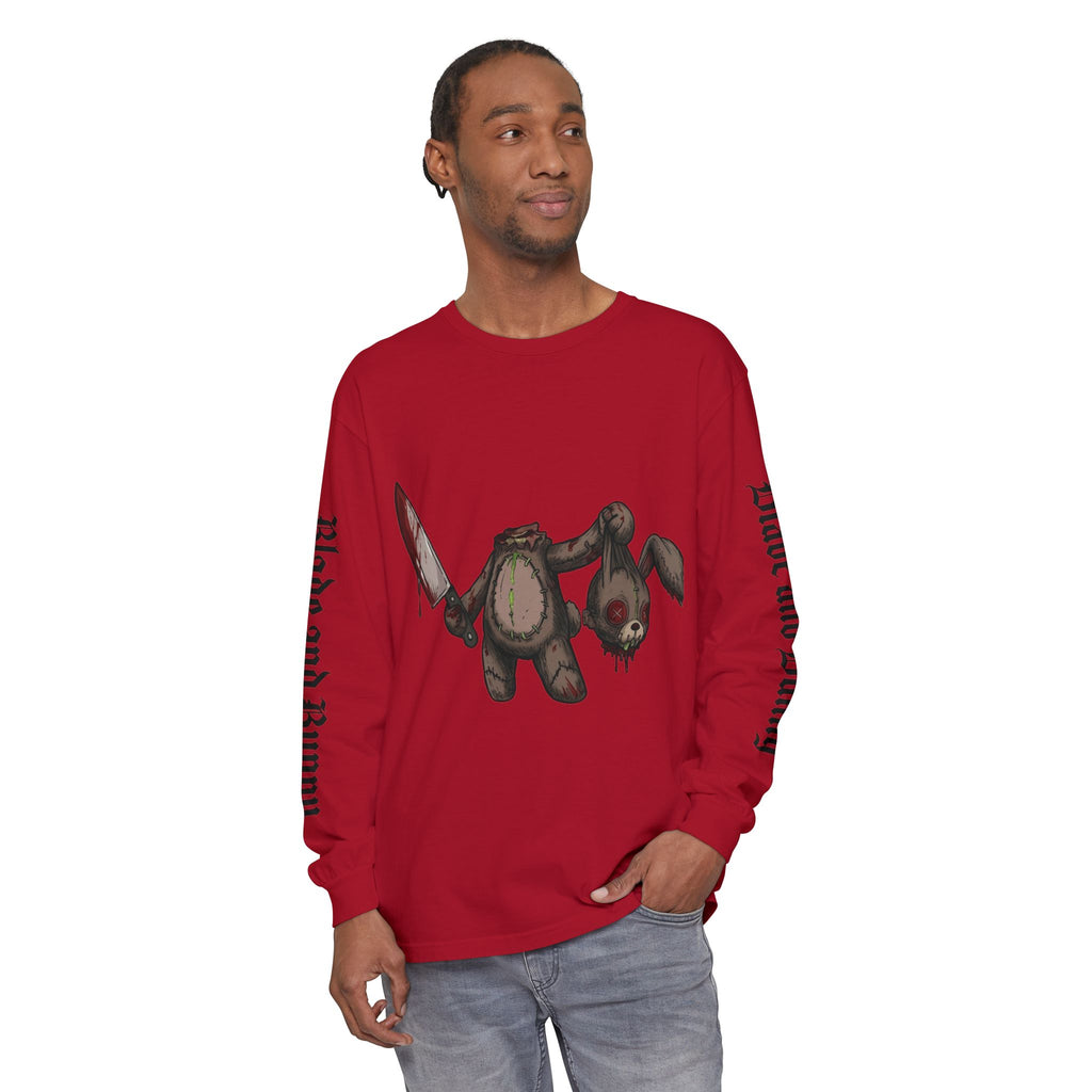 Blade and Bunny Long Sleeve Tee — Distressed Horror Bunny Graphic