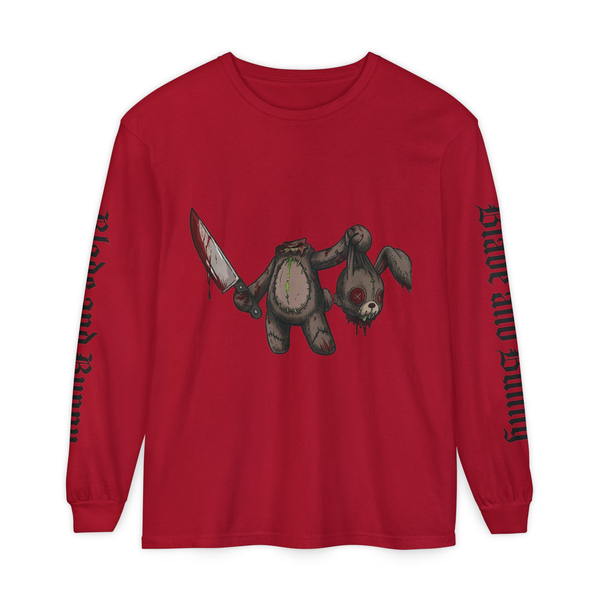 Blade and Bunny Long Sleeve Tee — Distressed Horror Bunny Graphic