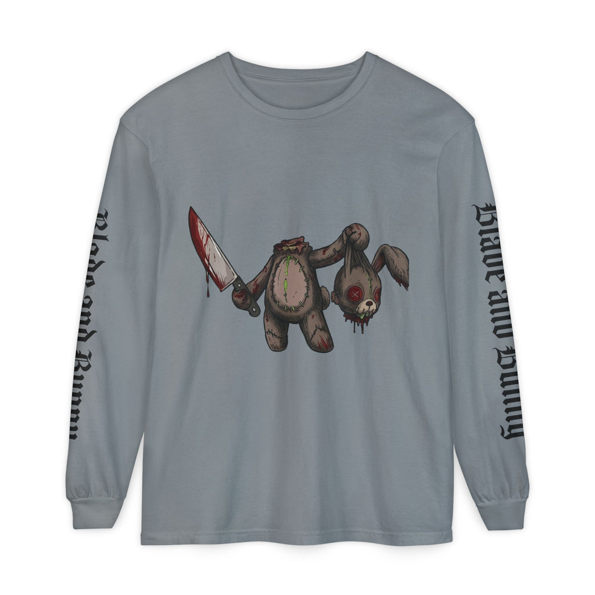 Blade and Bunny Long Sleeve Tee — Distressed Horror Bunny Graphic