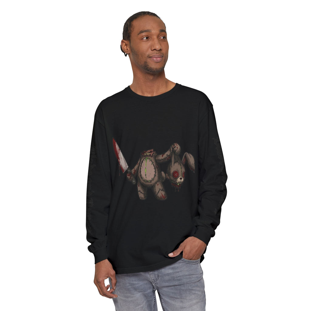 Blade and Bunny Long Sleeve Tee — Distressed Horror Bunny Graphic